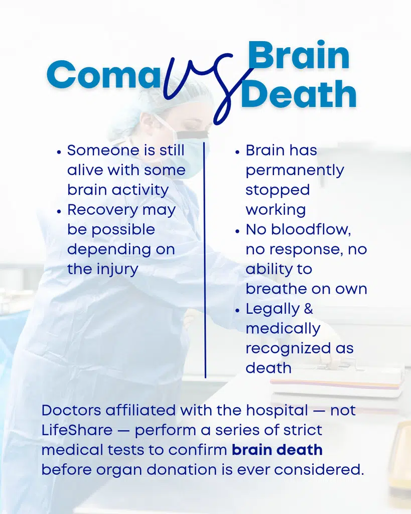 Informational graphic describing the key differences between coma and brain death, including possible recovery from coma and no possible recovery from brain death